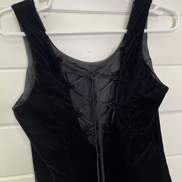 Vtg 90s Velvet Mini Bodycon Dress Sleeveless Lace Up Back Goth Dark Punk Short 5 - Picture 6 of 9